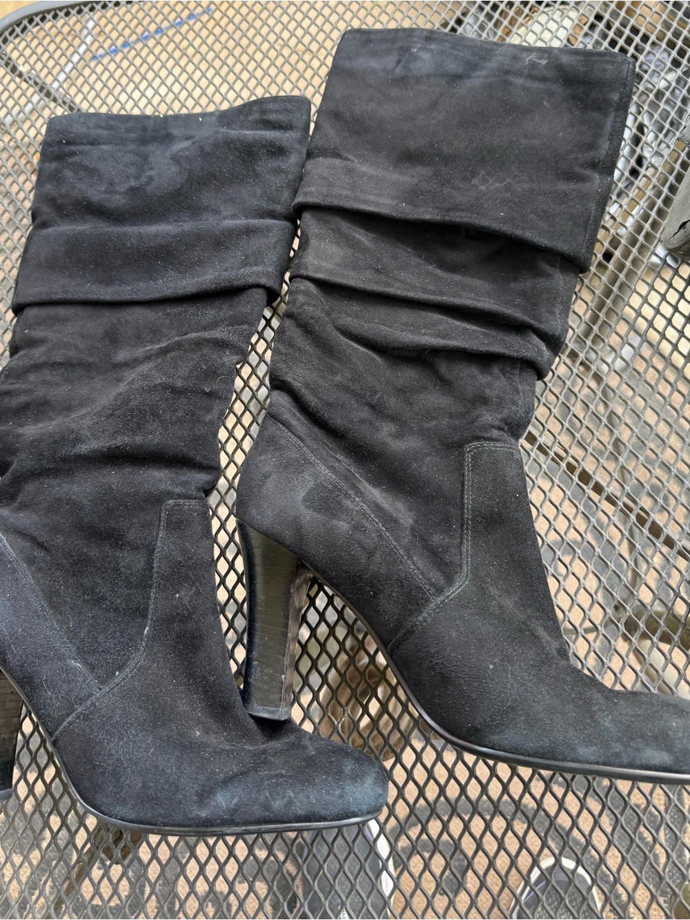 Black Suede Slouch High Heel Knee Boots - Women